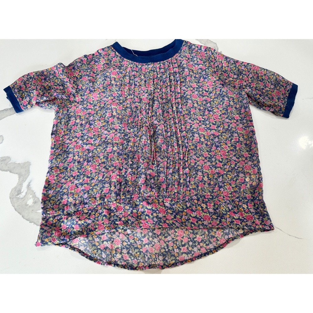 One Fine Day 100% Silk Floral Pintuck Pleated Blouse‎ Navy Pink XS